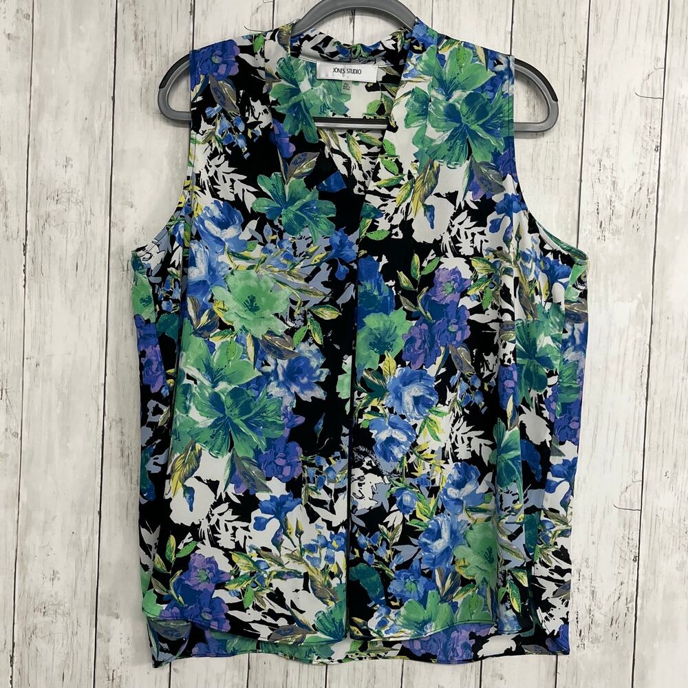 Jones Studio Blue Green Floral Sleeveless Flowy Lightweight Blouse Office Petite
